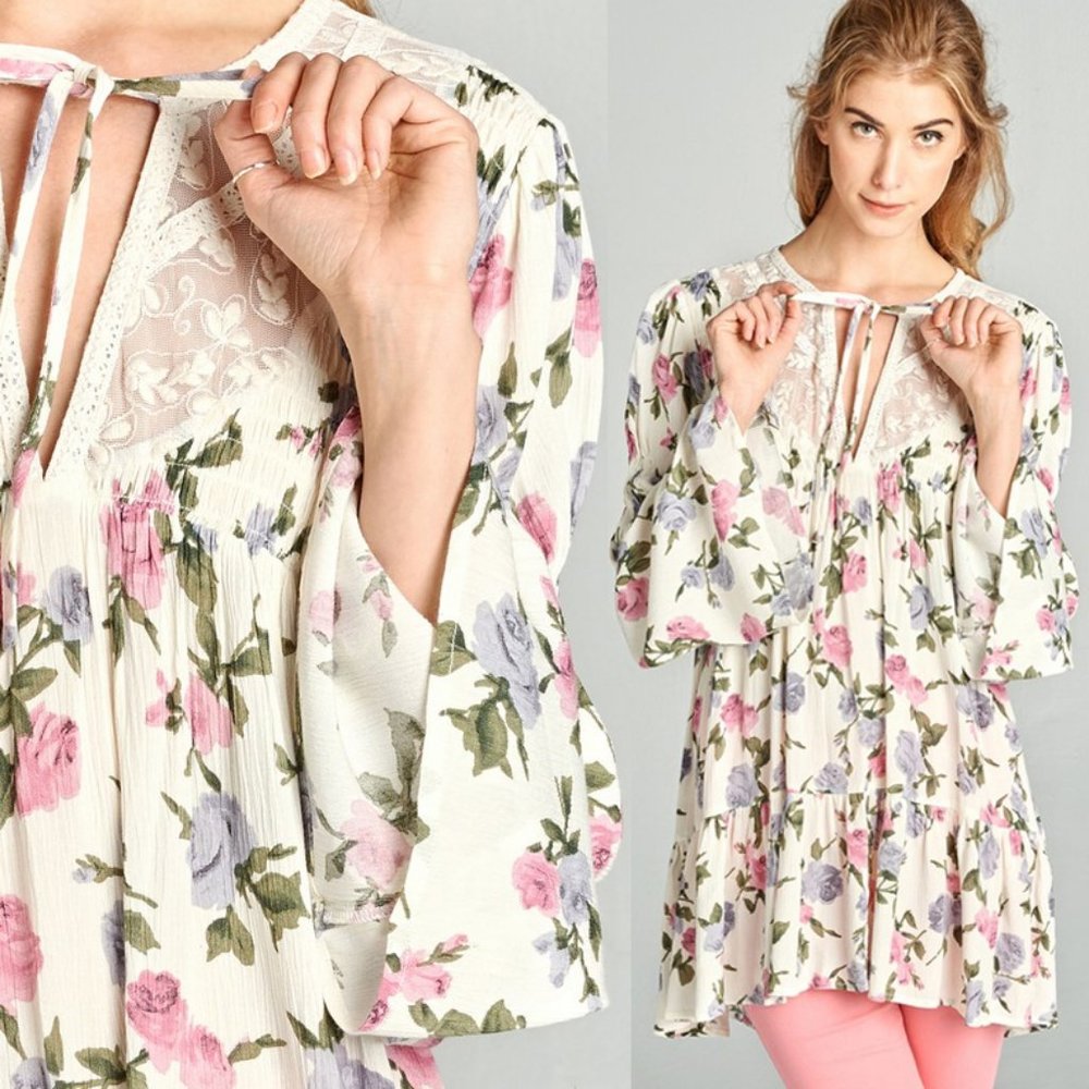 NEW Cream Pink Lilac Floral Lace Inset Tunic Top - Picture 5 of 12